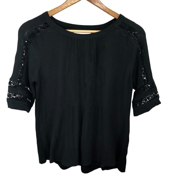 Loft Gauzy Pintuck Blouse Top Sz XS Black Embroidered Short Sleeve Boho Feminine - Picture 4 of 9